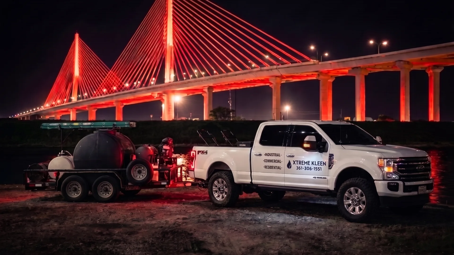 Xtreme Kleen truck and pressure-washing rig under the Corpus Christi Harbor Bridge at night